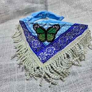 Fringe Blue Scarf, Silver Metallic Neckerchief Head Wrap 6x29 Handmade OOAK